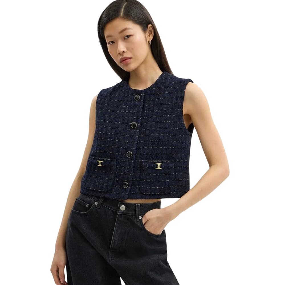 COACH Women’s Heritage C Blue and Black Boucle Button Front Vest